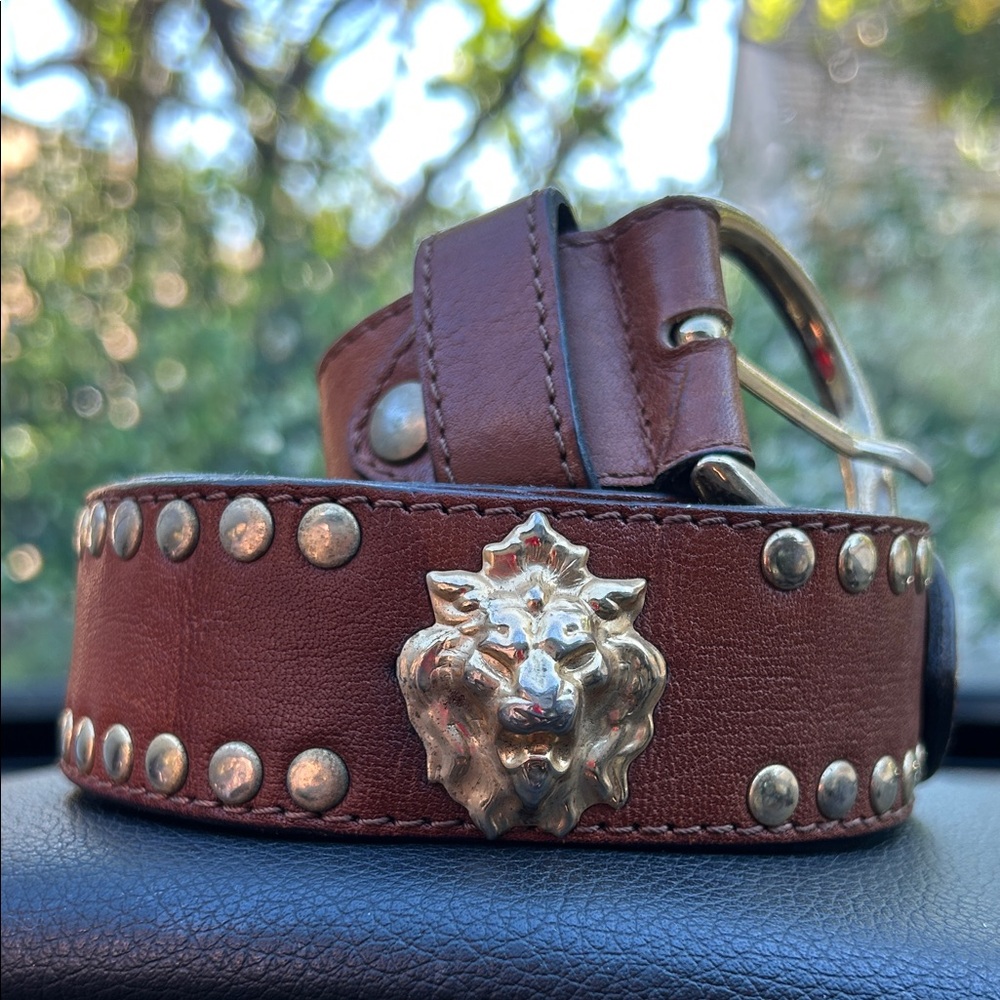 Giac Rene Brown Leather Studded Leather Belt with Lion Accent